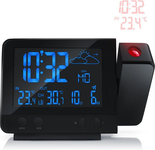 BEARWARE Wetterstation mit Außensensor, Funkwetterstation mit Projektionsanzeige und DCF-Funkuhr, Schwarz - Bild 1