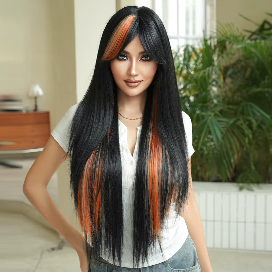 7JHH WIGS Perücke, schwarz mit orangefarbenen Highlights, Damen - Bild 2