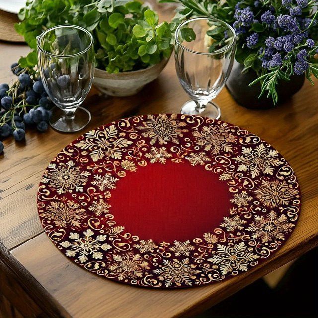 VIKAMA 4-teiliges Set runde Weihnachts-Tischsets mit goldfarbenen Schneeflocken für deine festliche Tischdekoration - Bild 1