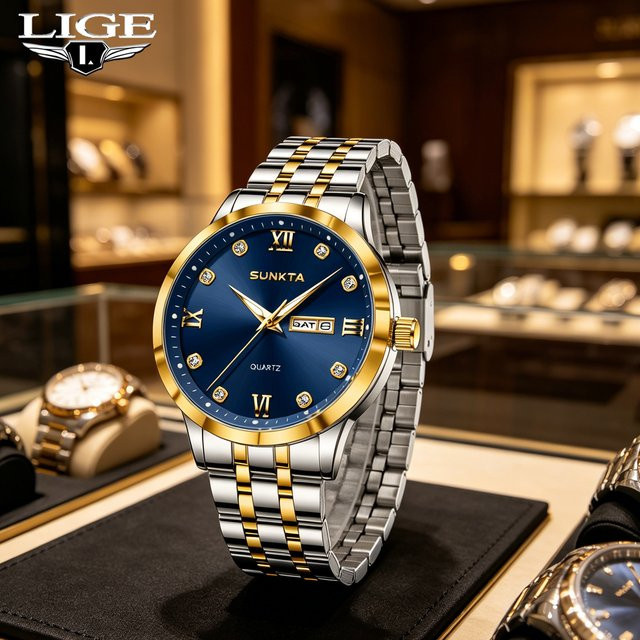 LIGE Armbanduhr Quarz, Edelstahl, Blau, Silber, Herren - Bild 1