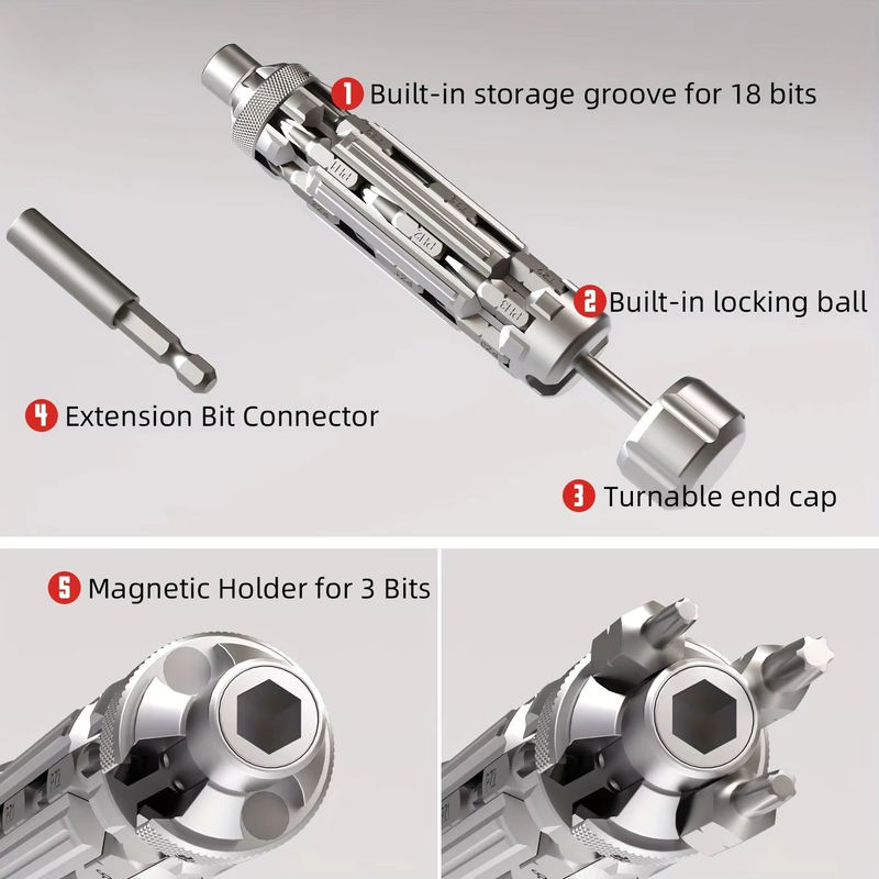 VMAN S1 EDC Multifunktions-Schraubendreher-Set in Grau und Silber mit magnetischem Torx-Phillips-Sechskantbohrer als tragbares Reparaturwerkzeug - Bild 4