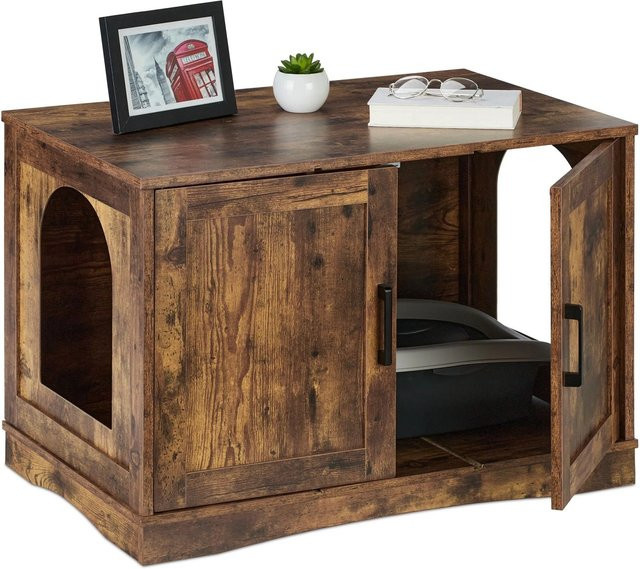 Relaxdays Katzenschrank in Braun mit Trennwand aus Spanplatte und MDF im Industrial-Stil, B/T/H: 50 x 50 x 75,5 cm - Bild 1