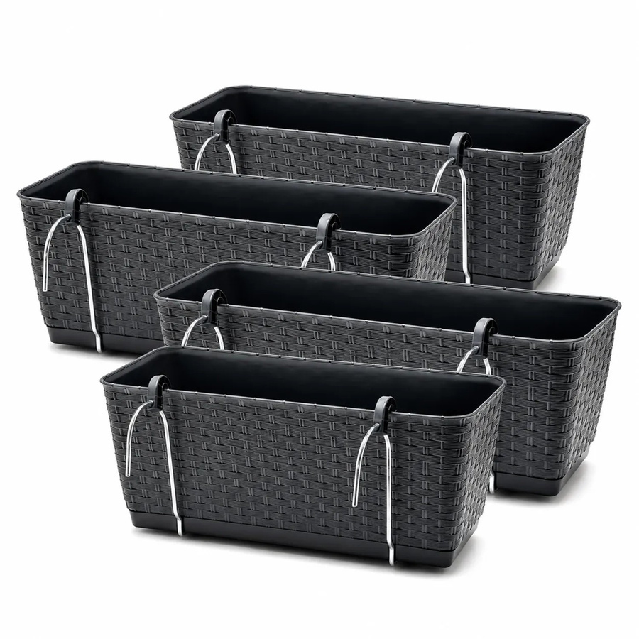 BigDean 4er Set Blumenkästen für Balkon-Geländer in Rattan Optik Anthrazit mit Metall Halterung und Bewässerungssystem - Bild 2
