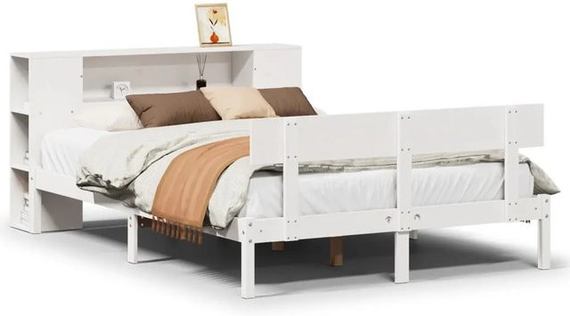 vidaXL Massivholzbett aus Kiefer mit Kopfteil und Regal in Weiß, B/T/H: 160 x 200 cm - Bild 1