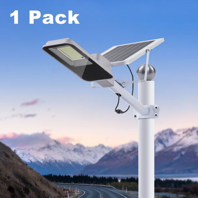 Solar-LED-Straßenleuchte mit 3000LM Helligkeit, Wasserdichte Solar-Flutlichtleuchte mit Dämmerungssensor und Fernbedienung in Weiß - Bild 1