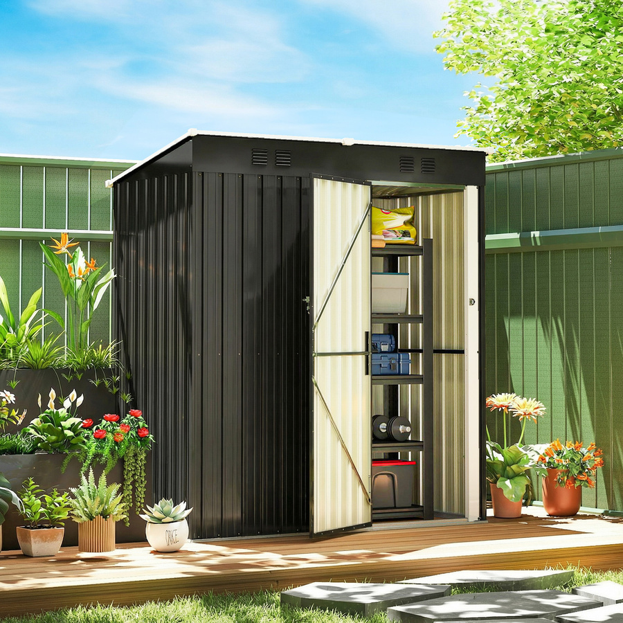 Outsunny Metall Gerätehaus mit Pultdach und Lüftung, wetterfester Geräteschuppen in Dunkelgrau, B/T/H: 163 x 90 x 179 cm - Bild 2