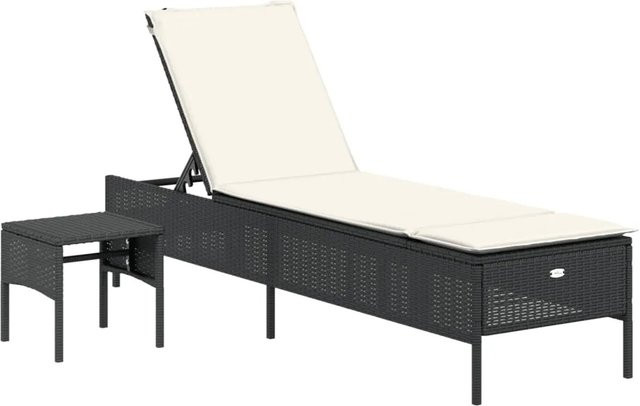 vidaXL Sonnenliege mit Tisch und Auflage in Schwarz aus Poly-Rattan und pulverbeschichtetem Stahl mit verstellbarer Kopfstütze und wetterfestem Kissen - Bild 1