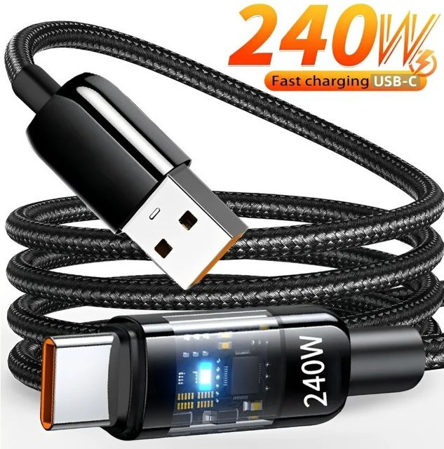 USB A zu C Schnellladekabel 240 W mit geflochtenem Nylon für iPhone, Samsung und Xiaomi, Farbe: Schwarz - Bild 1