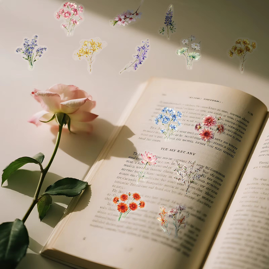 50-100 Stück Wasserfeste PET-Aufkleber mit Blumen- und Pflanzenmotiven in Transparent und Multicolour zur Dekoration von Tagebüchern, Handys und Gepäck - Bild 3