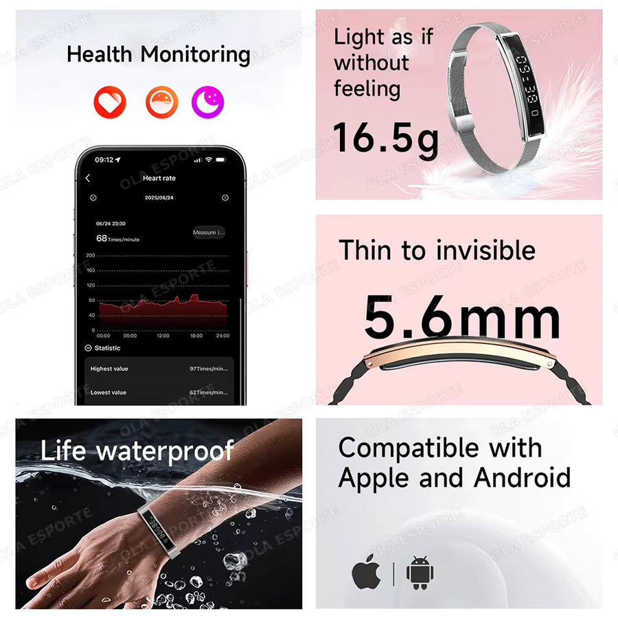 Ola Esporte Smart-Armband Schwarz für Damen und Herren mit Stress-Test, HRV-Monitor und Schrittzähler, wasserfest, kompatibel mit Android und iOS - Bild 3