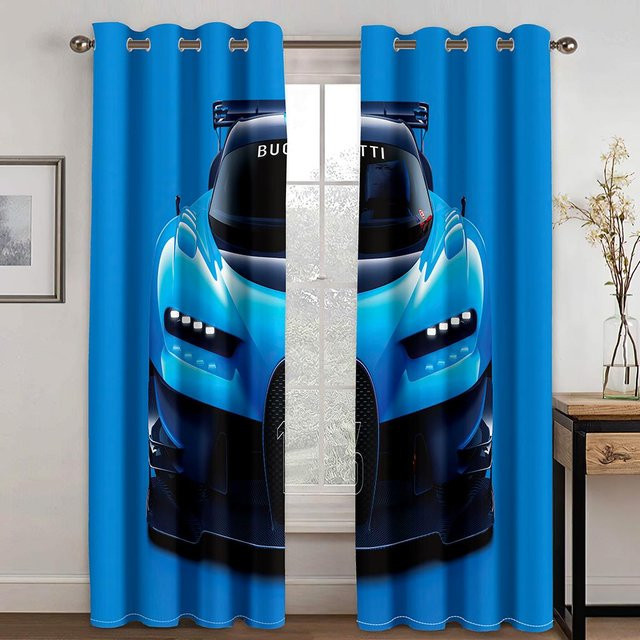 2er-Set Fenstervorhänge mit Comic Rennwagen Motiv in Blau, lichtfilternd und modern, ideal für Kinderzimmer, Schlafzimmer oder Wohnzimmer, Breite: 50 cm, Höhe: 130 cm - Bild 1