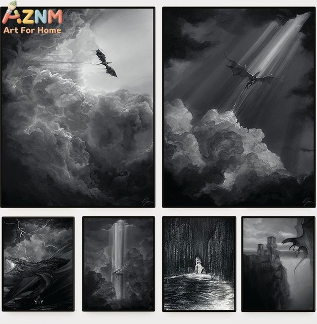 AZNM Kayou Fantasy-Drachen Wandkunst als rahmenlose Leinwand in Schwarz-Weiß mit mittelalterlicher Burg und dunklen Wolken - Bild 1