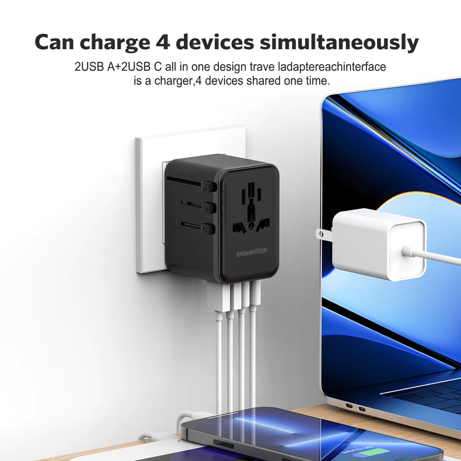MeeGoo GaN Universal-Reiseadapter weltweit in Schwarz mit 2 Typ-C-Anschlüssen, 2 USB-Anschlüssen und 1 AC-Steckdose für EU, US, JP und AU - Bild 5
