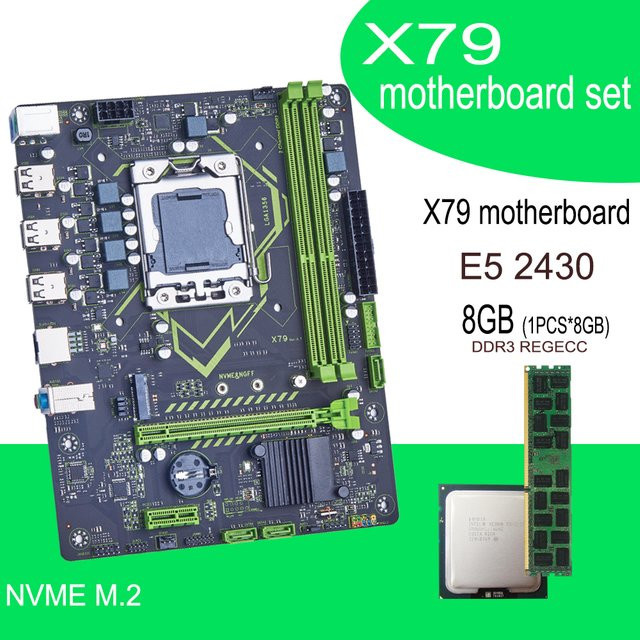 Qiyida X79 Motherboard-Set mit E5 2430 Prozessor und 8GB DDR3 REG ECC Speicher, Micro ATX Server-Kit mit NVME M.2 SATA und USB-C, Schwarz - Bild 1