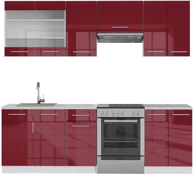 Vicco Fame-Line Küchenschrank-Set in Bordeaux und Weiß Hochglanz mit Marmor-Optik, Breite: 240 cm - Bild 1
