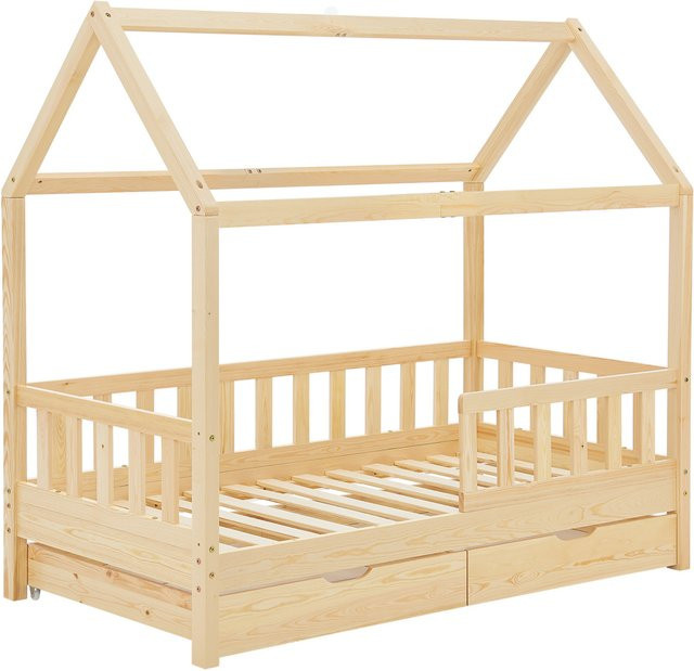 Juskys Kinderbett Marli Hausbett aus Kiefernholz mit Bettkasten und Dach in Natur, B/T/H: 90 x 200 cm - Bild 1