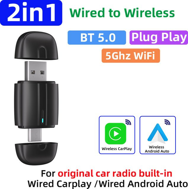 AKAMATE 2-in-1 Dongle für Android Auto und Apple CarPlay, kabellos via Bluetooth und Wi-Fi, USB-C Anschluss, Schwarz - Bild 1