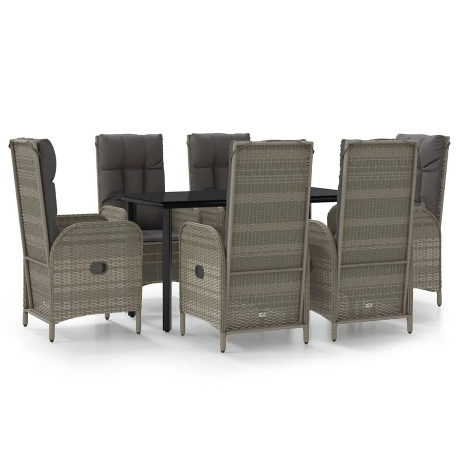 vidaXL 7-teilige Garten-Essgruppe aus Poly Rattan mit Kissen in Schwarz und Grau und Tisch mit gehärtetem Glas - Bild 2