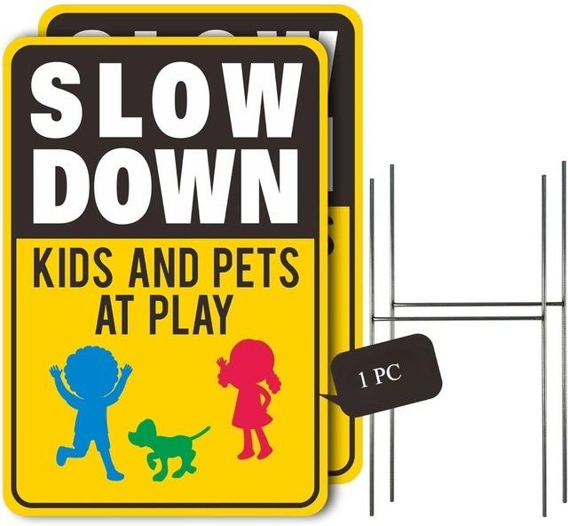 CIFBUY Slow Down Kids At Play Schild aus Kunststoff mit Metallpfählen, wetterfest und rechteckig - Bild 1
