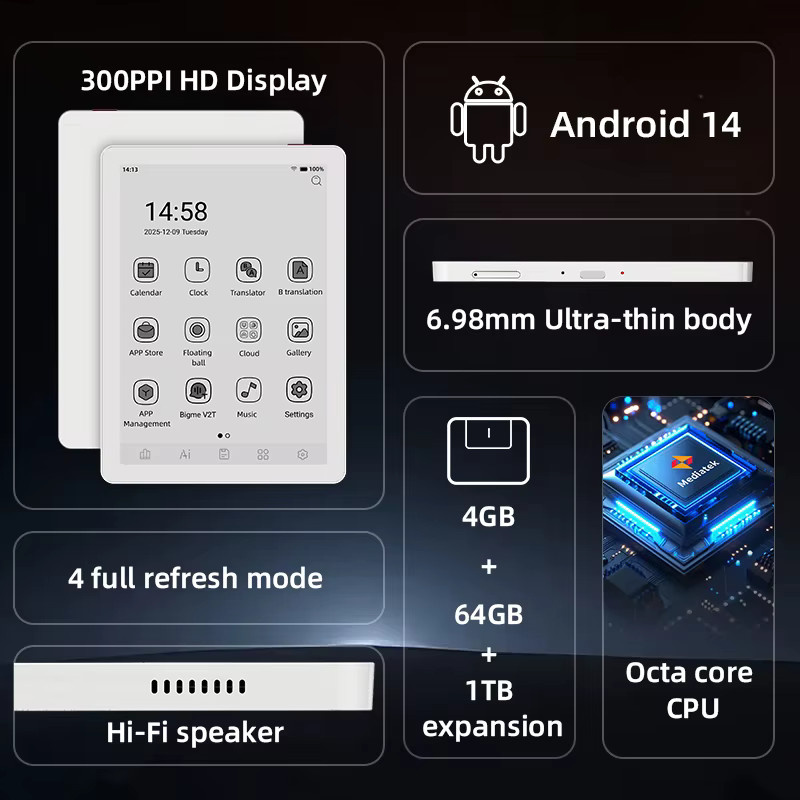 Bigme B6 E-Reader mit 6 Zoll E-Ink Bildschirm, Android 14, 4 GB RAM, 64 GB Speicher, Schwarz-Weiß - Bild 2