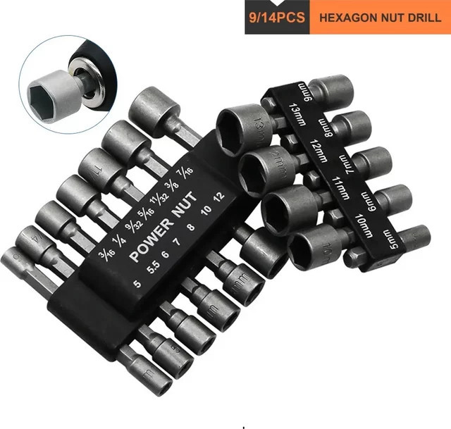 SLADE Hex-Buchsen-Set mit 9 Teilen, Hülsensatz für Mutternschrauber in Silber, Größen 5mm bis 13mm - Bild 1