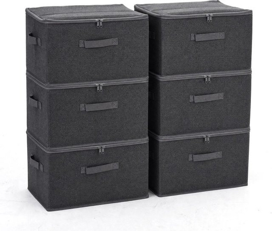 Sekey 6er Set Aufbewahrungsboxen aus Stoff mit Deckel, 45 l, stapelbar und faltbar, Organizer für Kleidung in Anthrazit, Beige und Grau
