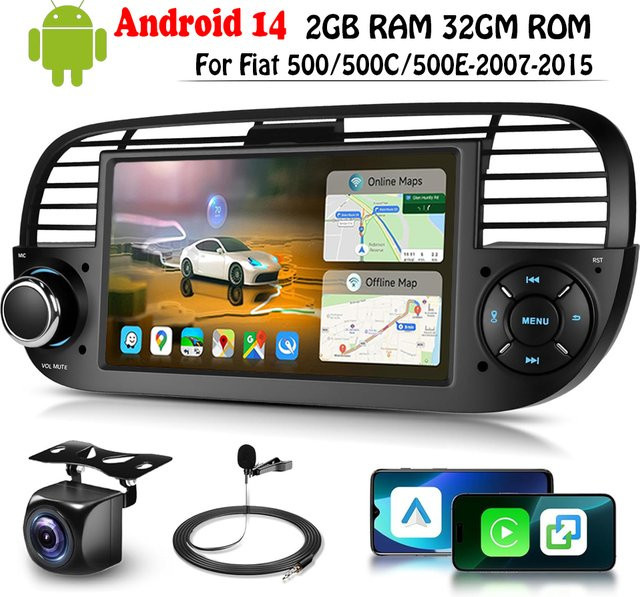 XFY Android 14 Autoradio mit Wireless CarPlay für FIAT 500 Abarth 2007 bis 2015, 2Din Multimedia-Bildschirm mit GPS, Bluetooth und Wi-Fi in Schwarz und Silber - Bild 1