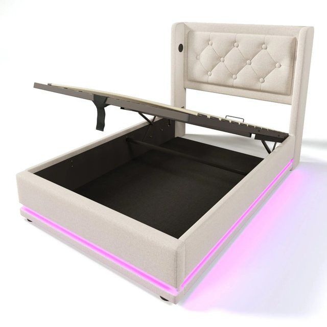 okwish Polsterbett Beige mit Matratze, Hydraulisches Stauraumbett mit USB Type-C Ladefunktion und 3-seitiger LED-Beleuchtung, B/T/H: 90 x 200 x 150 cm - Bild 1