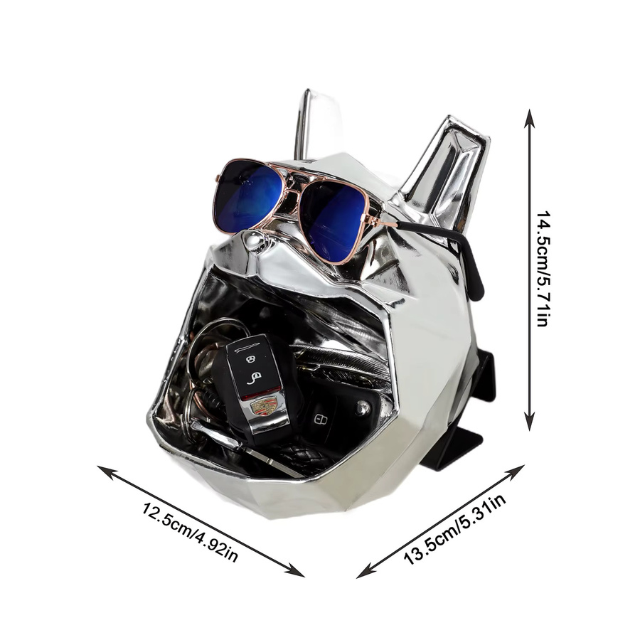 GUGUGUHOME Bulldogge Hundekopf Figur mit Aufbewahrung aus Kunstharz in Golden und Silber im geometrischen Design - Bild 2