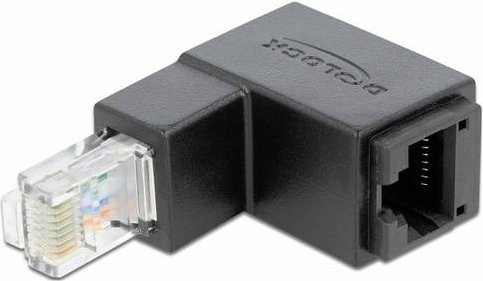 Delock Netzwerk Adapter CAT 6 RJ45 Stecker auf Buchse, 90 Grad unten abgewinkelt, Schwarz/Gold - Bild 1