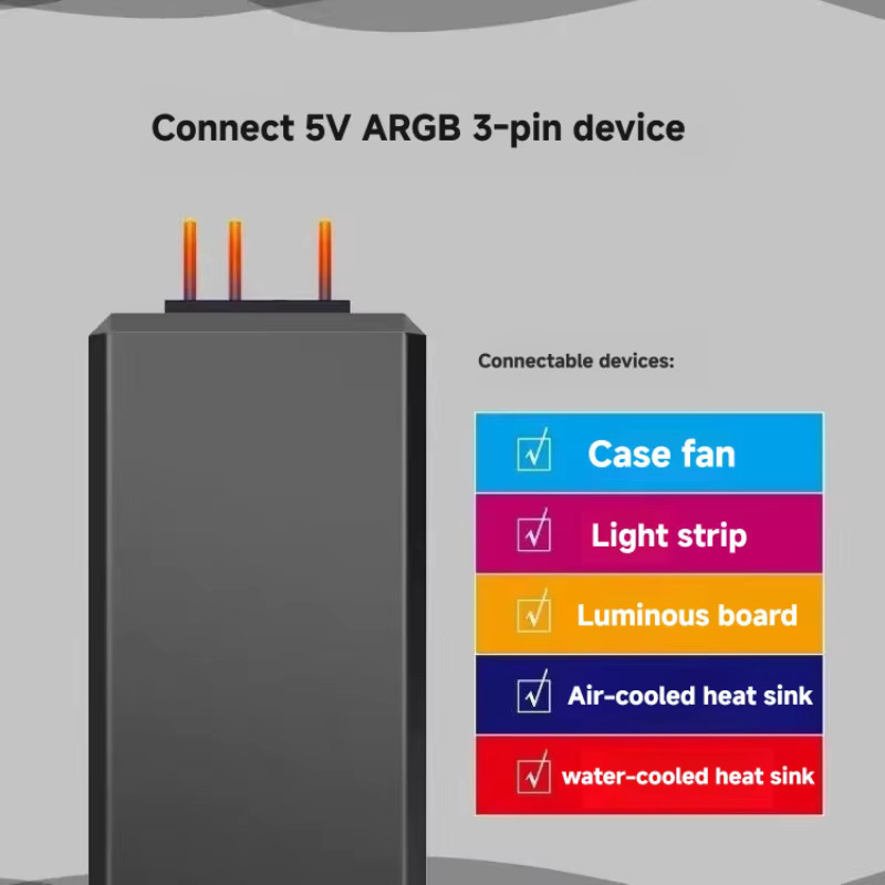 AuyiHomu 5V 3-Pin ARGB Controller mit SATA-Anschluss für PC-RGB-Beleuchtungshubs, Gehäuselüfter und LED-Lichtstreifen in Schwarz - Bild 5