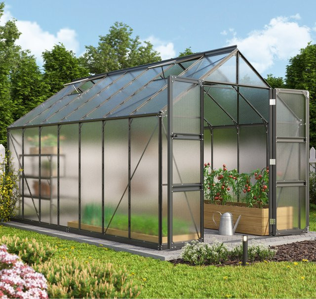 Vitavia Gewächshaus Domus 11500 in Schwarz mit 11,5 m² Fläche, 6 mm Polycarbonat-Verglasung, Satteldach, Doppelschwingtür und Stahlfundamentrahmen - Bild 1