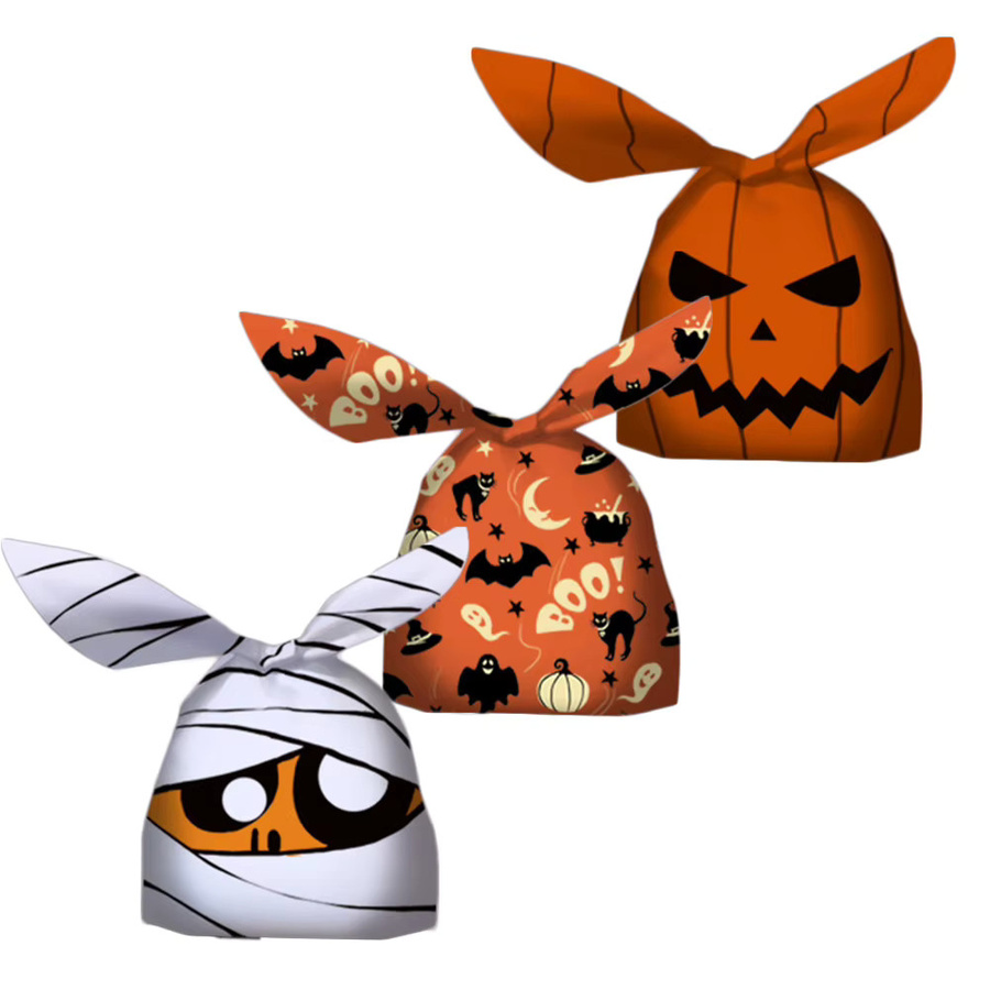 50 Stück Halloween Süßigkeiten Taschen mit Hasenohren und Kürbis Motiv aus Kunststoff für DIY Dessert und Geschenke, Mehrfarbig - Bild 3