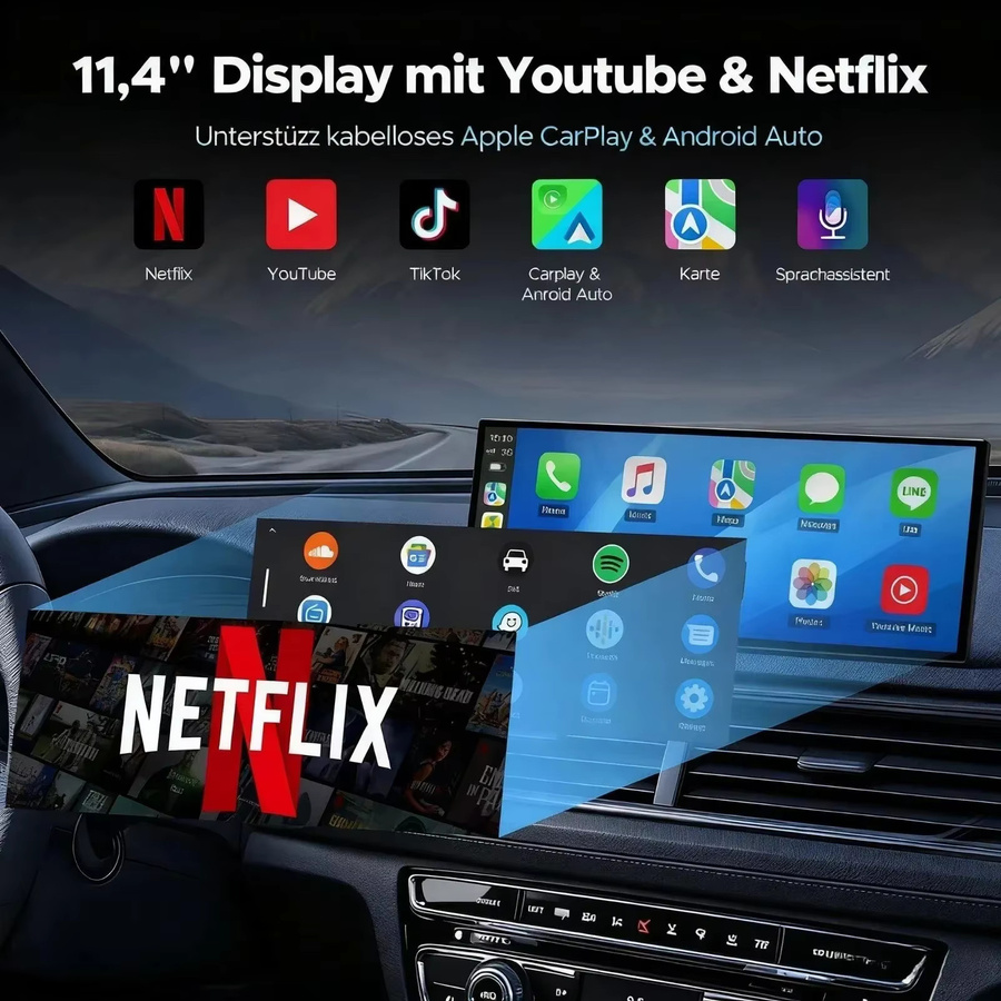 Ottocast Ottoscreen Ai 11,4 Zoll Kabelloses CarPlay und Android Auto Multimedia-Autoradio mit Netflix und YouTube in Schwarz - Bild 3