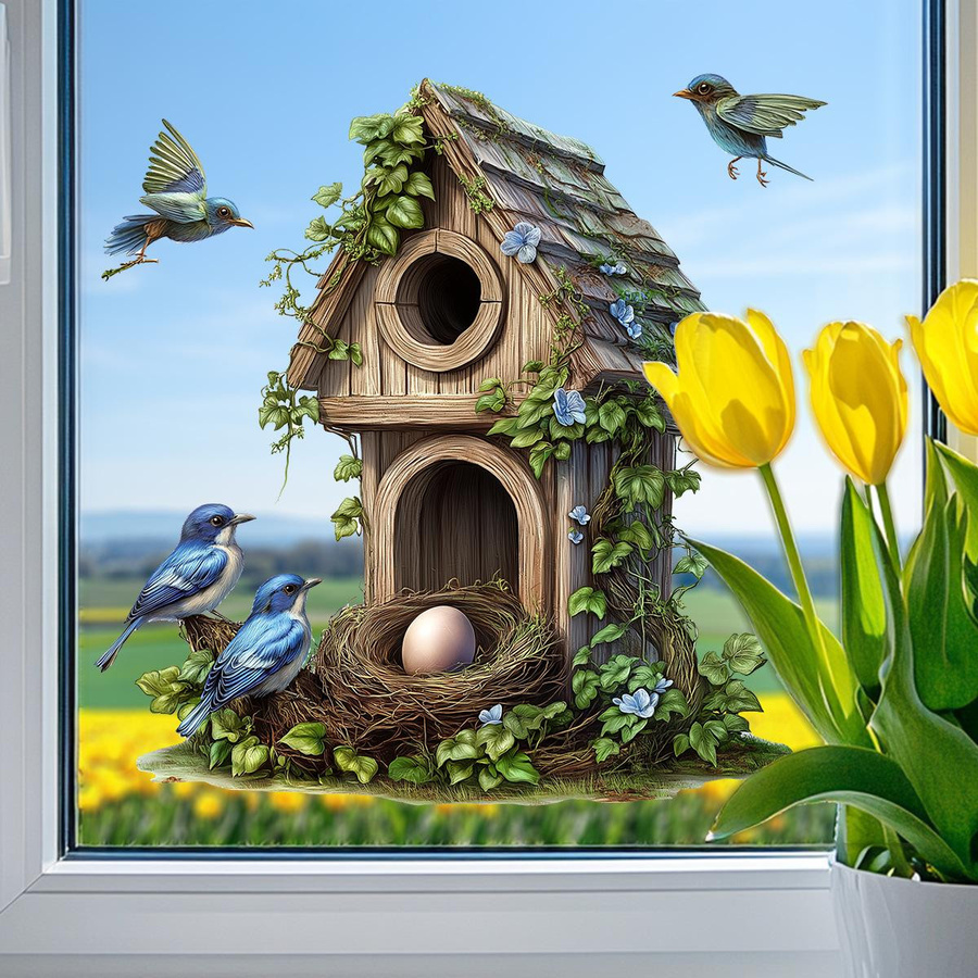 Handbemalte Vogelhaus-Fensteraufkleber von Everyday Home, transparent und mehrfarbig, Glasdekoration für Wohnzimmer und Balkon, B/H: 30 x 30 cm - Bild 2