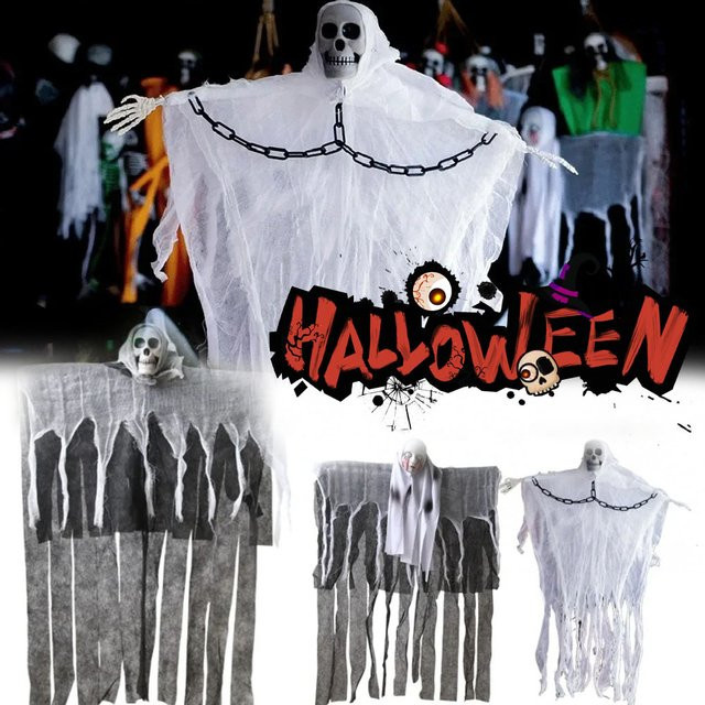 Trebalena Halloween Hänge-Dekoration mit Geist und Skelett-Kopf aus weißer Gaze - Bild 1