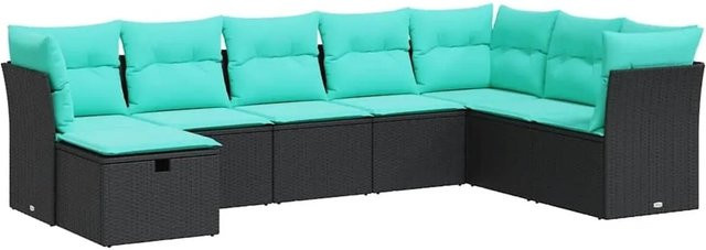 vidaXL 8-teilige Garten-Sofagarnitur in L-Form aus Poly-Rattan in Schwarz und Blau mit Sitzkissen und Rückenkissen - Bild 1