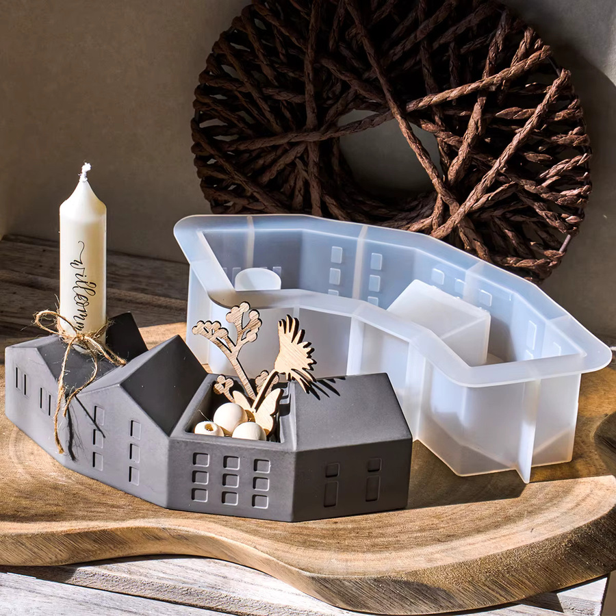 UDOCOOL 2in1 Silikonform für Nordic Haus und Halbmond Kerzenhalter aus Gips oder Beton in Weiß - Bild 2