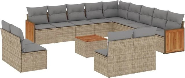 vidaXL 14-tlg. Garten-Sofagarnitur in L-Form aus Poly-Rattan und Akazienholz mit Kissen, Beige - Bild 1