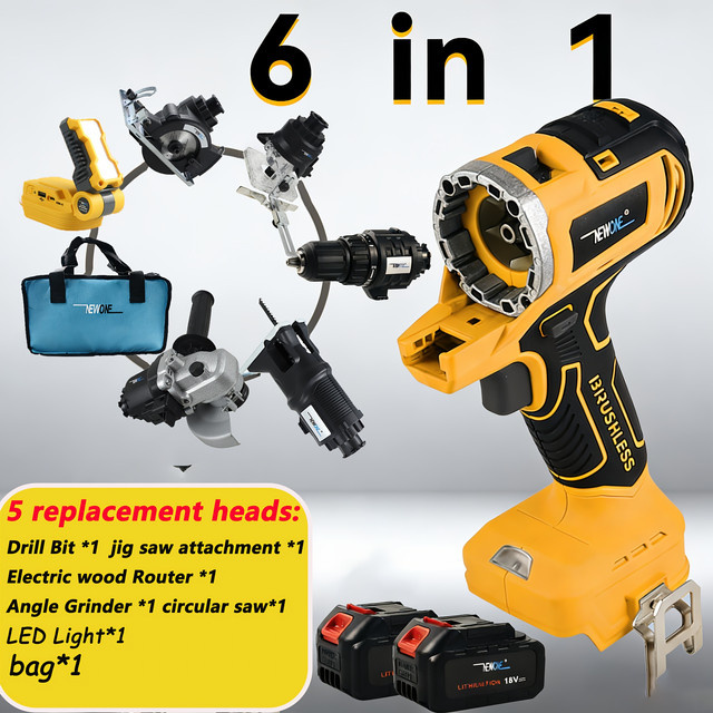 NEWONE 18V Bürstenloser Akku-Multifunktionswerkzeugsatz in Gelb mit 6-in-1-Ersatzköpfen inklusive Stichsäge, Kreissäge, Winkelschleifer und Bohrer - Bild 1