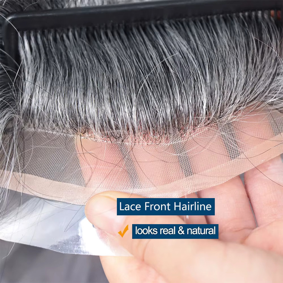 Graue Herrenhaar-Kapillarprothese, 100 % Echthaar-Toupet, gewellt - Bild 3