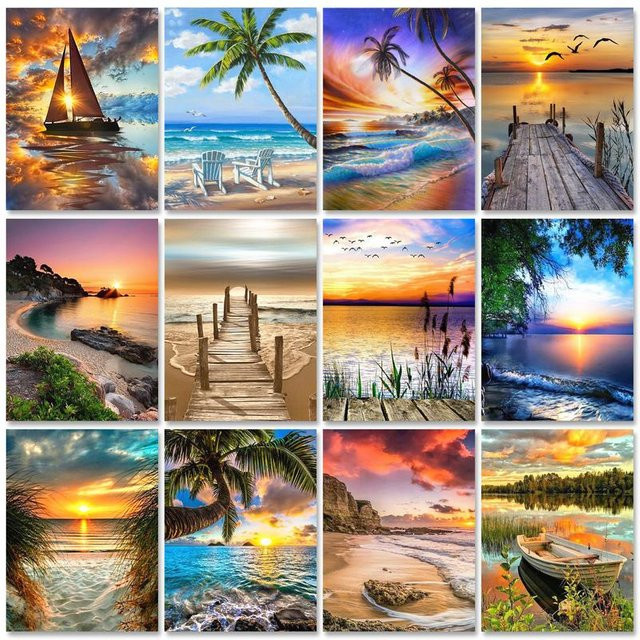 GATYZTORY 5D DIY Diamantmalerei Set Sonnenuntergang und Wasserfall als Vollquadrat Mosaik Landschaft Kunst Kit zur Dekoration - Bild 1