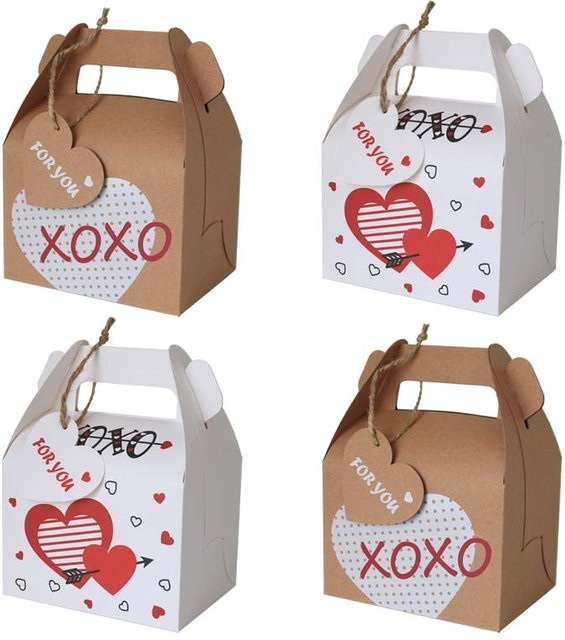 12 Stück Valentinstag Herz Geschenkkarton aus Kraftpapier in Weiß mit Griff und Anhänger für Süßigkeiten - Bild 1