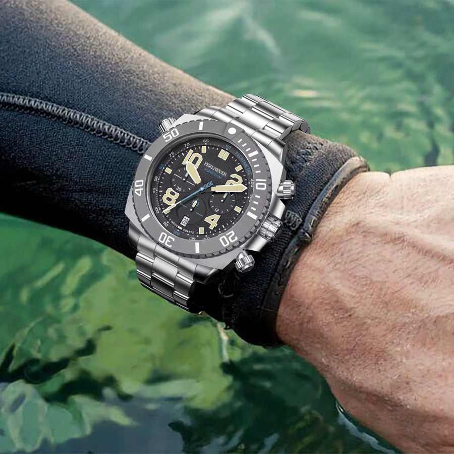 FeelNever Armbanduhr Quarz, Edelstahl, Schwarz, Herren, 500m Wasserdicht - Bild 3