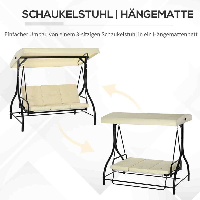 Outsunny 2 in 1 Hollywoodschaukel mit Liegefunktion und Sonnendach, 3-Sitzer Gartenschaukel aus Stahl in Beige, B/T/H: 195 x 117 x 175 cm - Bild 3