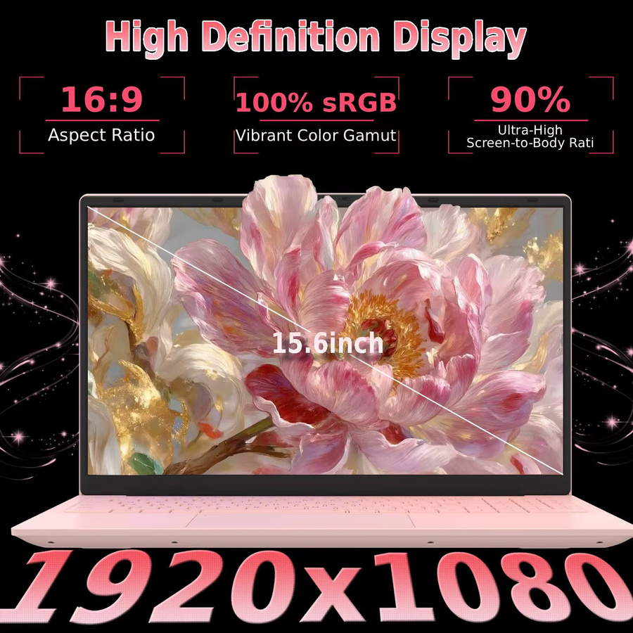 Auusda Laptop 15,6 Zoll in Pink mit 3050e-Prozessor, 8 GB DDR4 RAM und 512 GB SSD, Tastatur mit Hintergrundbeleuchtung und Fingerabdruck-Sensor - Bild 3