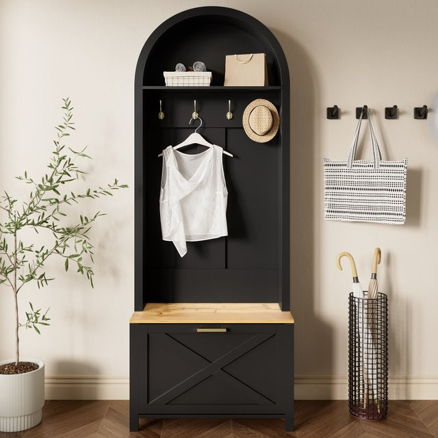 PINGGO Multifunktionaler Garderobenständer mit Sitzbank und Schuhregal, Modernes Hallentree aus MDF in Schwarz, B/T/H: 75 x 35 x 195 cm - Bild 1