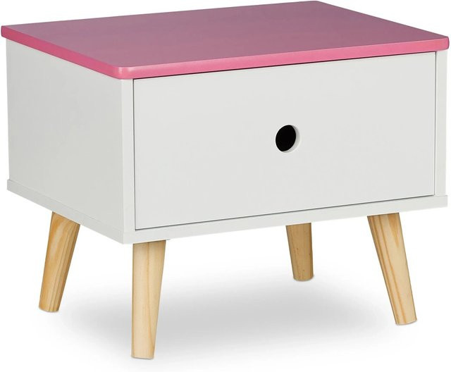 Relaxdays Kindernachttisch aus MDF Holz in Weiß und Rosa mit Schublade, B/T/H: 31 x 38 x 30 cm - Bild 1