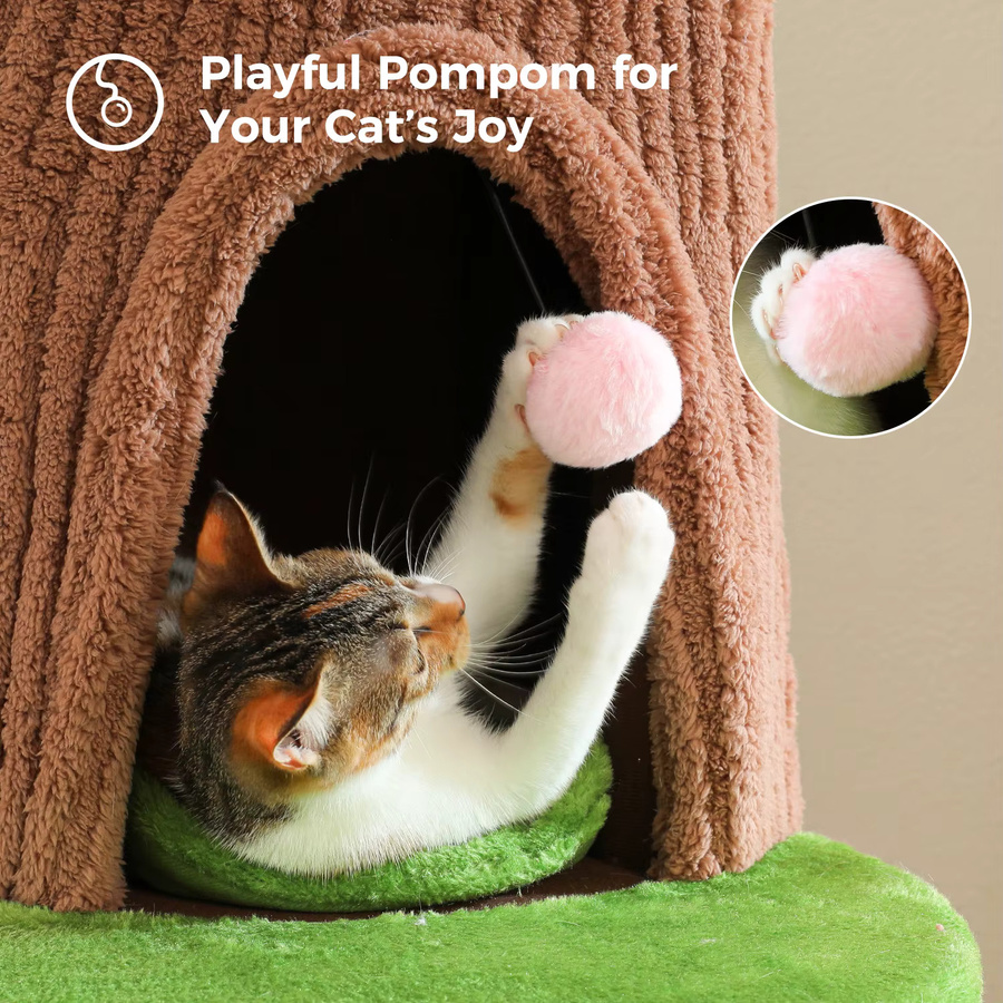 PEQULTI Katzenbaum mit Blumenkranz-Dachplattform und 4 gemütlichen Höhlen für große Katzen in rustikalem Design - Bild 4