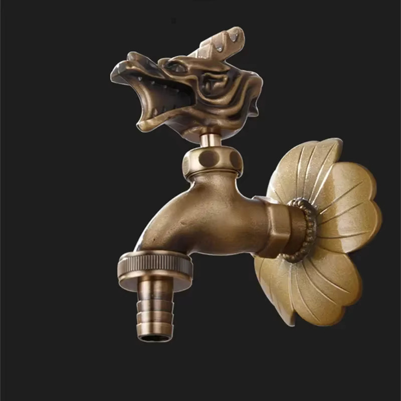 ZGRK Wandwasserhahn aus Messing in Antik-Optik mit Schnitzereien, Gold/Brushed Brass, ideal für Garten, Waschmaschine und Außenbereich - Bild 3